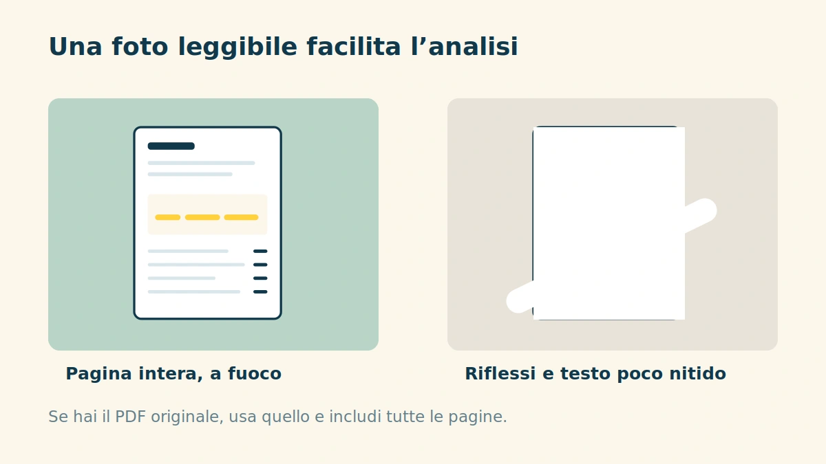 Confronto tra una pagina intera e nitida e una fotografia della stessa pagina disturbata da riflessi.